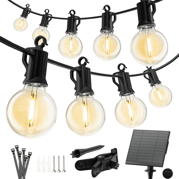 Solar Outdoor Lights - 38 FT Solar String Lights with USB Port and Cable Ties, Commercial Shatterproof G40 LED Bulbs, Waterproof Hanging Patio Light for Backyard Porch Bistro Decor