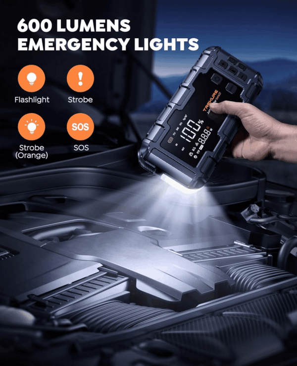 10-In-1 Car Battery Jump Starter with Air Compressor 6000A 160PSI 45W Charger, Jump Starter Jump Box (All Gas 12L Diesel), Car Battery Jumper Starter Portable Jumper Cables, Gloves, Lights - Image 6