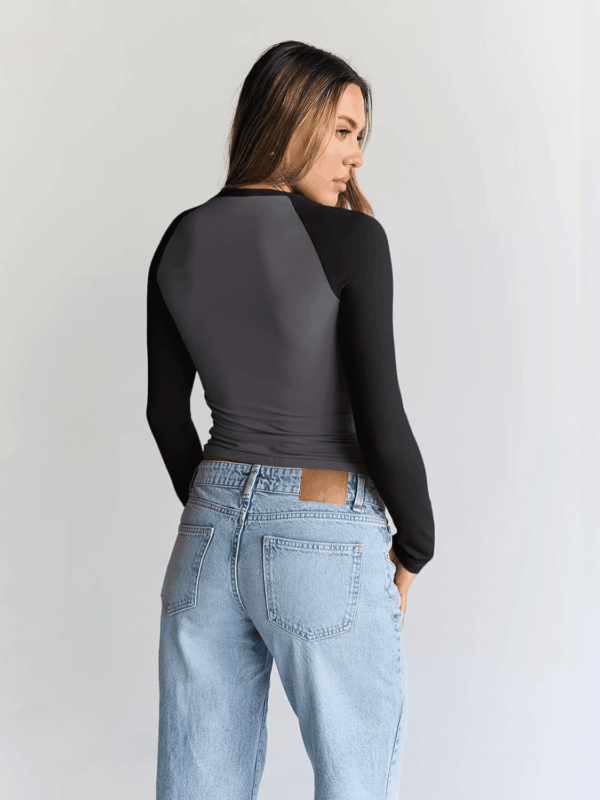 Women'S Long Sleeve Shirts Slim Fit Stretchy Color Block Slightly Cropped Tops - Image 4
