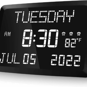 Digital Clock, 11.5" Large Display Calendar Clock with Day and Date, Indoor Temperature, Adjustable Brightness, Snooze,12/24H, DST for Home, Office, Elderly