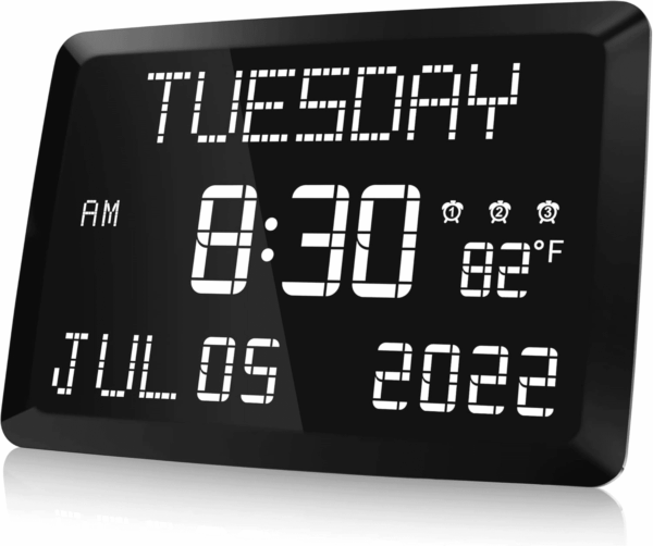 Digital Clock, 11.5" Large Display Calendar Clock with Day and Date, Indoor Temperature, Adjustable Brightness, Snooze,12/24H, DST for Home, Office, Elderly