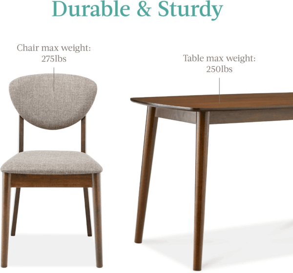 5-Piece Dining Set, Compact Mid-Century Modern Table & Chair Set for Home, Apartment W/ 4 Chairs, Padded Seats & Backrests, Wooden Frame - Walnut/Light Gray - Image 6