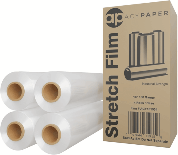 , 18" Stretch Film/Wrap 1500 Feet 80 Gauge Industrial Strength, up to 800% Stretch 20 Microns Clear Cling Durable Adhering Packing Moving Packaging Heavy Duty Shrink Film (4 Rolls/Box)