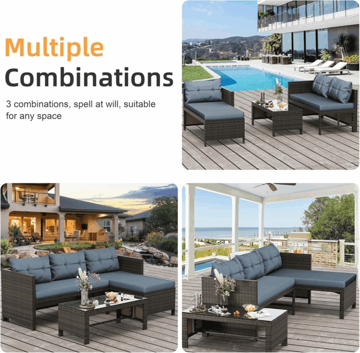 Outdoor Patio Furniture Sets, Wicker Patio Sectional Sets 3-Piece, All Weather Wicker Rattan Patio Seating Sofas with Glass Coffee Table and Cushion (Blue) - Image 7