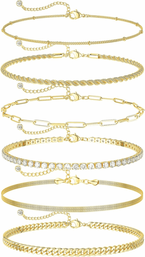 Gold Ankle Bracelets for Women Waterproof - Dainty 6Pcs 14K Gold Plated Anklets Layered Cuban Link Chain Herringbone Cute Anklets Set Pack Summer Beach Jewelry Gift for Women Teen
