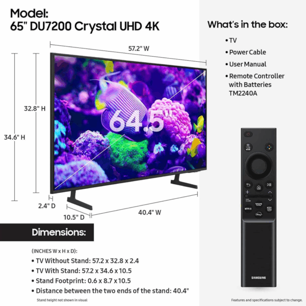 65-Inch Class Crystal UHD 4K DU7200 Series HDR Smart TV W/Object Tracking Sound Lite, Purcolor, Motion Xcelerator, Mega Contrast, Q-Symphony (UN65DU7200, 2024 Model) - Image 2