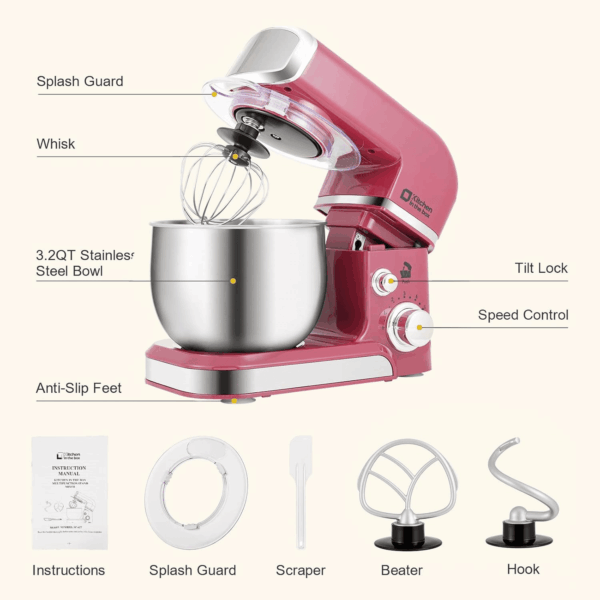 Stand Mixer,3.2Qt Small Electric Food Mixer,6 Speeds Portable Lightweight Kitchen Mixer for Daily Use with Egg Whisk,Dough Hook,Flat Beater (Purplish-Red) - Image 2