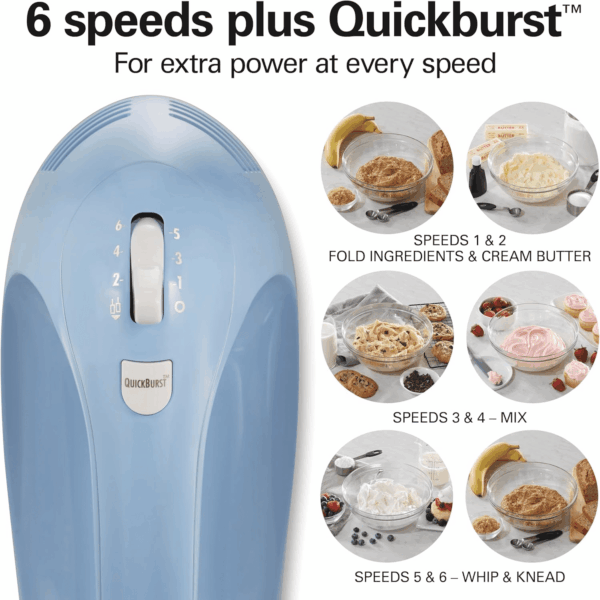 6-Speed Electric Hand Mixer with Whisk, Dough Hooks and Easy Clean Beaters, Powerful 275 Watt Motor, Snap-On Storage Case, Blue - Image 6