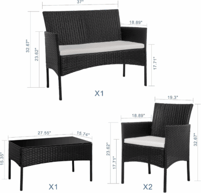 4 Piece Outdoor Patio Furniture Sets, Small Wicker Patio Conversation Furniture Rattan Chair Set with Tempered Glass Coffee Table for Backyard Porch Garden Poolside Balcony - Image 5
