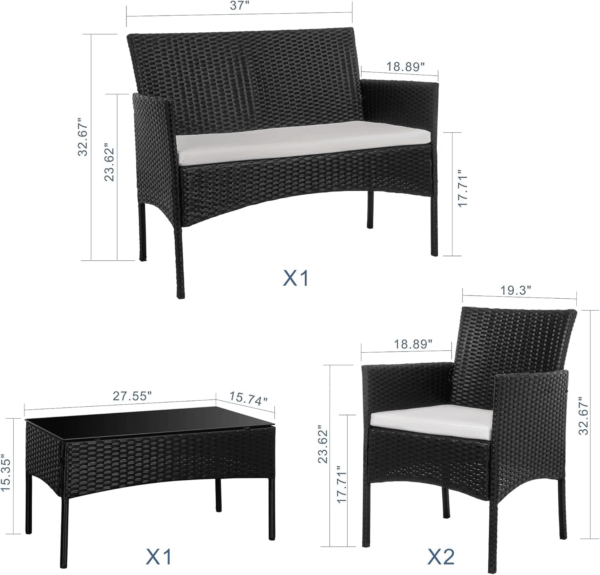 4 Piece Outdoor Patio Furniture Sets, Small Wicker Patio Conversation Furniture Rattan Chair Set with Tempered Glass Coffee Table for Backyard Porch Garden Poolside Balcony - Image 5