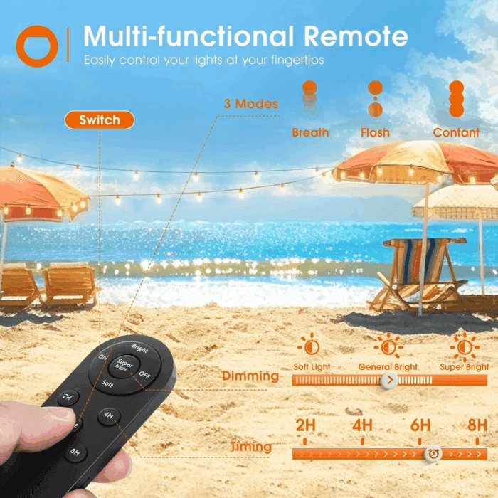 54FT(48+6) Solar String Lights Outdoor Waterproof with USB Charging & Remote Control - Dimmable Solar Power Patio Lights with LED Bulbs for Porch, Garden, Yard, Market, Bistro - Last for 20+Hrs - Image 5