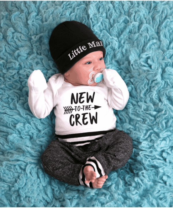 Newborn Baby Boy Clothes New to the Crew Letter Print Romper+ Pants+Hat 3PCS Outfit - Image 2