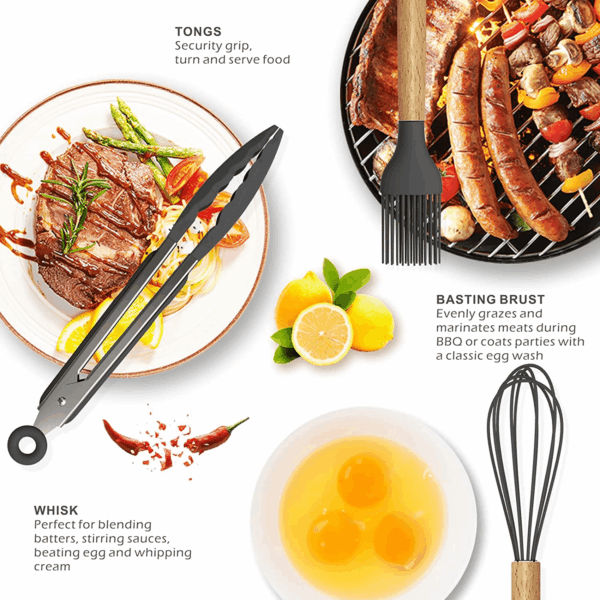 Silicone Cooking Utensils Kitchen Utensil Set - 446°F Heat Resistant Silicone Kitchen Utensils Set, Spatula,Turner Tongs, Spoon, Brush, Whisk,Kitchen Gadgets for Nonstick Cookware, BPA Free (Gray) - Image 4