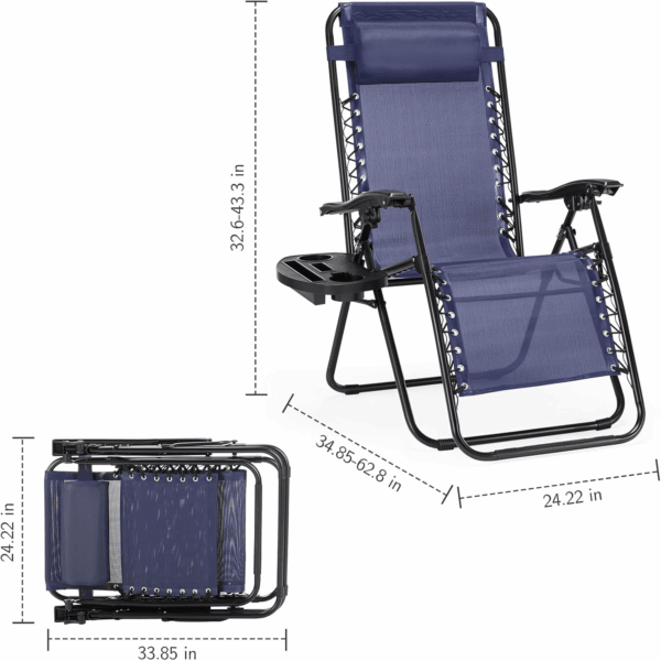 Zero Gravity Chairs, Set of 2 Portable Recliner Beach Camping Patio Outdoor Folding Lounge Chair with Cup Holder Trays and Adjustable Pillow for Poolside, Garden, Backyard, Lawn (Blue) - Image 2