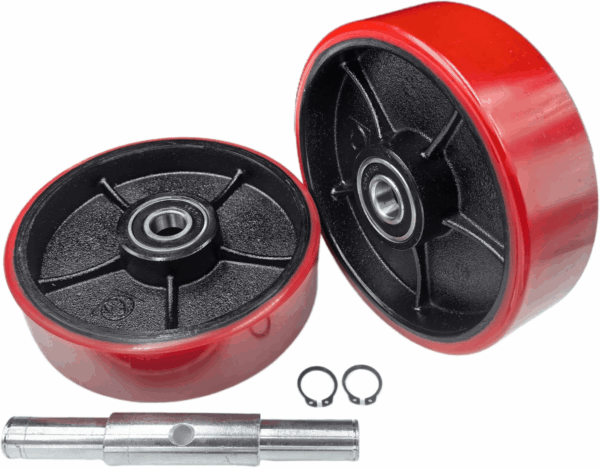 A Pair of Pallet Jack Steering Wheels Set 7" X 2" Poly Tread Red Color,With Bearings Pre-Installed, Includes Axle, Fasteners by