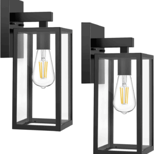 Outdoor Wall Sconce, Exterior Waterproof Wall Lantern Light Fixtures, Black Porch Lights with Toughened Glass Shade, Anti-Rust E26 Socket Front Door Wall Mount Lighting, 2 Pack