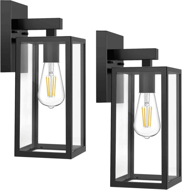 Outdoor Wall Sconce, Exterior Waterproof Wall Lantern Light Fixtures, Black Porch Lights with Toughened Glass Shade, Anti-Rust E26 Socket Front Door Wall Mount Lighting, 2 Pack