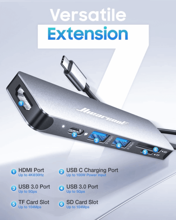 USB C Hub, USB-C Multi-Port Adapter for Macbook Pro, 7IN1 USBC to HDMI Hub Dongle Compatible for Laptops and Other Type C Devices (4K HDMI USB3.0 SD/TF Card Reader 100W PD) - Image 2