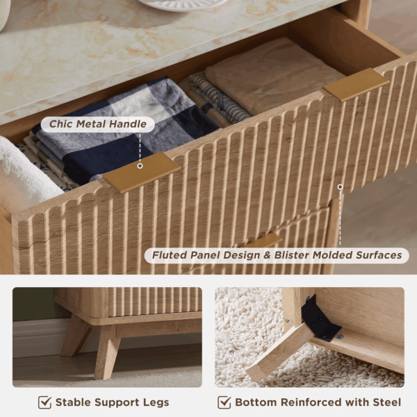 Fluted 5 Drawers Dresser, 48" Tall Modern Chest of Drawers with Faux Marble Top, Curved Profile Design, Wood Drawer Organizer for Bedroom, Living Room, Hallway, Entryway, Natural Oak - Image 6