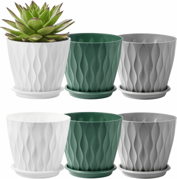 6-Pack 6-Inch Plastic Plant Pots with Saucers | Thickened PP Material, Modern Wave Texture, Enhanced Drainage for Indoor/Outdoor Garden Plants | Tricolor Value Set