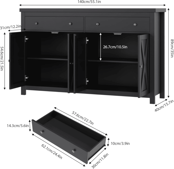 Sideboard Buffet Cabinet with Storage, 55" Large Kitchen Storage Cabinet with 2 Drawers and 4 Doors, Wood Coffee Bar Buffet Table for Kitchen Dining Room, Black - Image 3