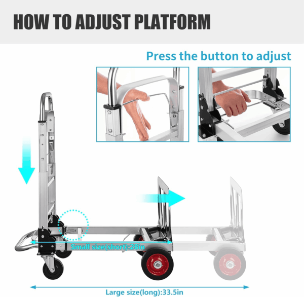 2 in 1 Aluminium Hand Truck Dolly 450Lbs Capacity, Heavy Duty Convertible Hand Truck W/Pneumatic Wheels, Foldable Dolly Cart Collapsible Dolly for Moving with Retractable Handle - Image 5