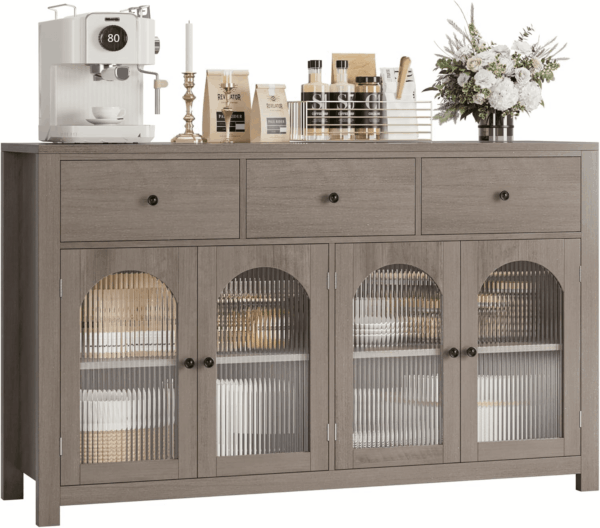55.1" Large Sideboard Buffet Cabinet with Storage, Farmhouse Kitchen Display with 3 Drawers and 4 Doors, Wood Coffee Bar for Kitchen, Ash Grey - Image 8