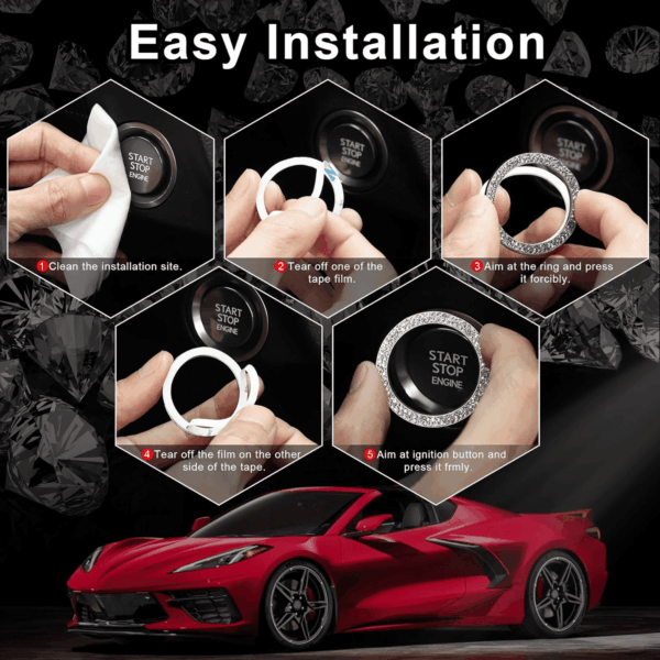 2 PCS Crystal Double Rhinestone Car Engine Start Stop Decoration Ring, Bling Car Interior Accessories for Women, Push to Start Button Cover/Sticker, Key Ignition & Knob Bling Ring, White - Image 3