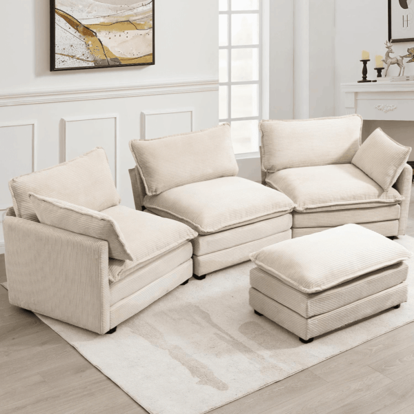 Oversized Modular Sectional Sofa with Movable Ottoman, 112 Inch 4 Seat Modern Corduroy Sofa Set, Convertible L Shaped Couch for Living Room and Office, Beige - Image 3