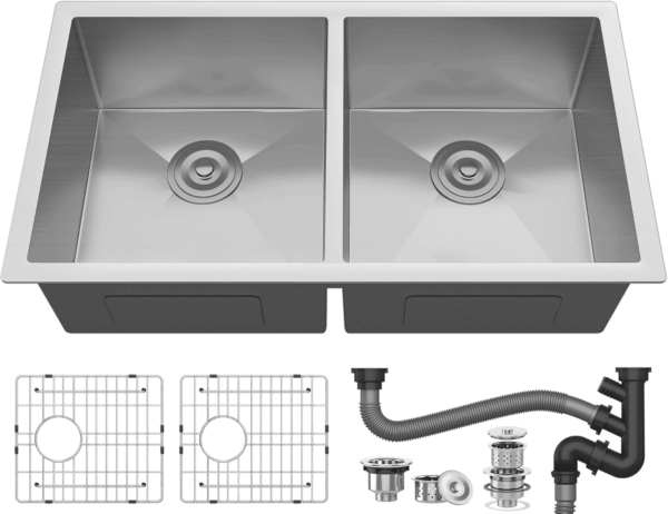 Kitchen Sink 33" X 19" X 10" Undermount 304 Stainless Steel 50/50 Double Bowl with Accessories 16 Gauge for Workstation, Prep Kitchen, Bar