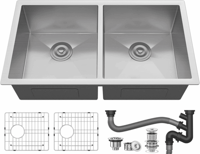 Kitchen Sink 33" X 19" X 10" Undermount 304 Stainless Steel 50/50 Double Bowl with Accessories 16 Gauge for Workstation, Prep Kitchen, Bar