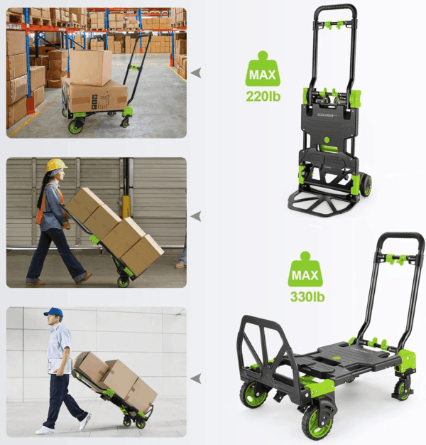 330LB Folding Hand Truck Heavy Duty Carrying, Combination of Four Wheels and Two Wheels Convertible Dolly Cart with Retractable Handle Dolly for Moving Office Carts(Green) - Image 7
