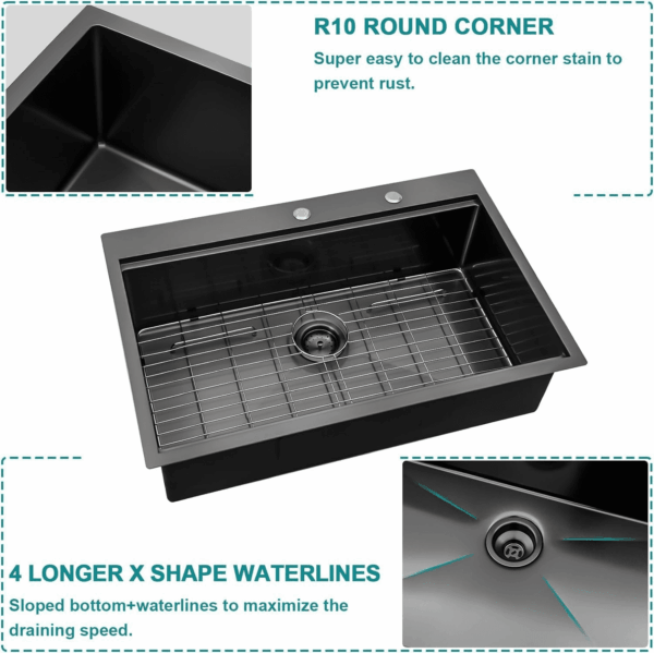 33 Black Kitchen Sink Drop in -  33X22 Drop Sink Stainless Steel 16 Gauge Gunmetal Black Ledge Workstation Single Bowl Topmount Overcounter Kitchen Sinks Deep Basin - Image 5