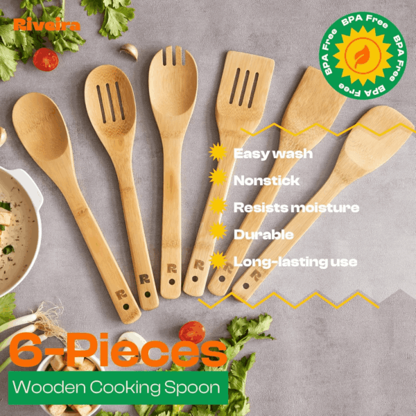 Bamboo Wooden Spoons for Cooking 6-Piece, Apartment Essentials Wood Spatula Spoon Nonstick Kitchen Utensil Set Premium Quality Housewarming Gifts for Everyday Use - Image 5