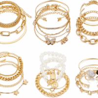 6 PACK (24 PCS) Boho Gold Chain Bracelets Set for Women, 14K Gold Plated Multiple Layered Stackable Open Cuff Wrap Bangle Adjustable Link Italian Cuban Jewelry for Women Gift