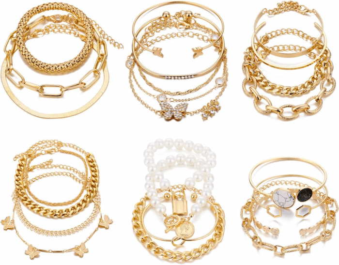 6 PACK (24 PCS) Boho Gold Chain Bracelets Set for Women, 14K Gold Plated Multiple Layered Stackable Open Cuff Wrap Bangle Adjustable Link Italian Cuban Jewelry for Women Gift