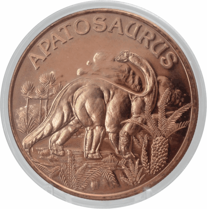 Apatosaurus Prehistoric Dinosaur - 1 Oz .999 Pure Copper round Collecticble 39Mm Challenge Coin in Capsule - COA by