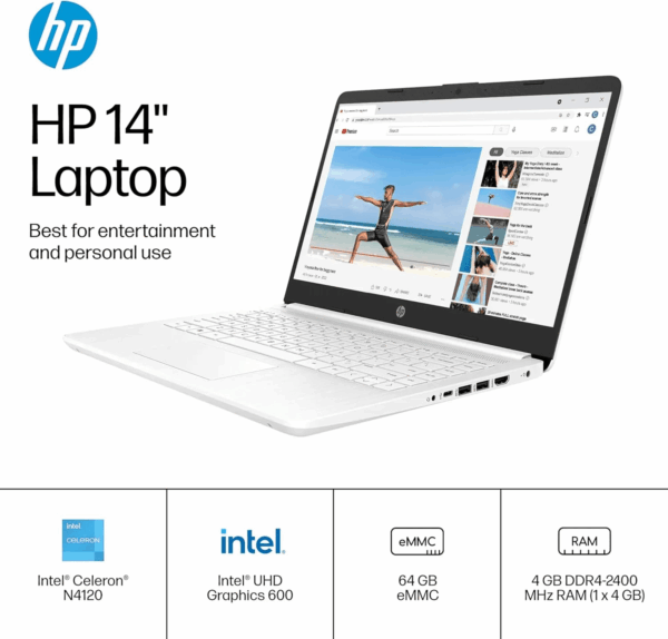 HP 14" Ultra Light Laptop for Student & Home (Intel Quad-Core N4120, 4GB RAM, 128GB(64GB + 64GB SD), 1-Year Office 365) 11-Hr Long Battery Life, Webcam, Wifi, Win 11 Home in S Mode - Snow White - Image 3