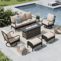 6 PCS Outdoor Patio Furniture Set, Metal Outdoor Conversation Set, Rattan Wicker Patio Sectional with 2 X Swivel Single Sofa, 3-Seat Sofa, 2 X Ottoman, 1 X Fire Pit Table, Beige