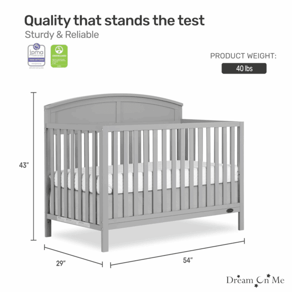 Storybrooke 5 in 1 Convertible Crib in Pebble Grey, JPMA & Greenguard Gold Certified, Built of Sustainable Pinewood, 3 Mattress Height Settings, Non-Toxic Water-Based Paint Finish - Image 5