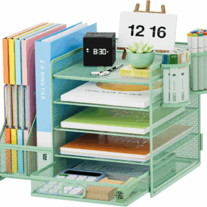 Desk Organizer with File Holder, 5-Tier Paper Letter Tray Organizer with Drawer and 2 Pen Holder, Mesh Desktop Organizer and Storage with Magazine Holder for Office Supplies (Green)