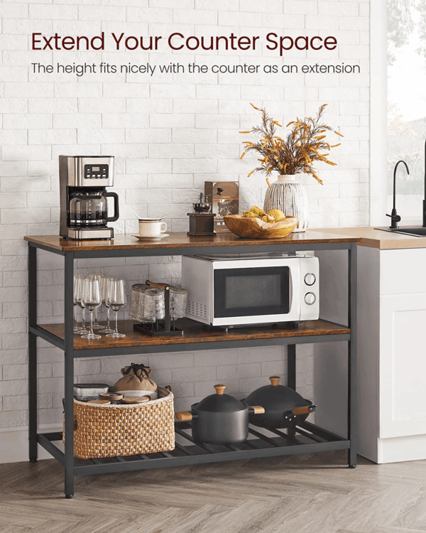 Kitchen Island with 3 Shelves, 47.2 Inches Width Kitchen Shelf with Large Worktop, Stable Steel Structure, Industrial, Easy to Assemble, Rustic Brown and Black UKKI01BX - Image 5
