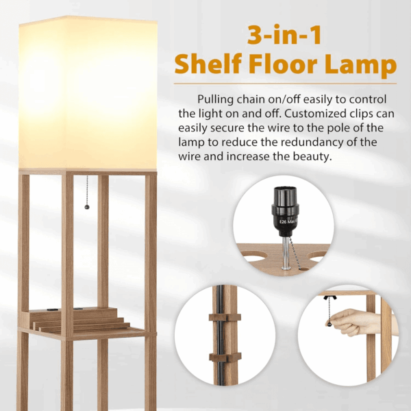 Shelf Lamp, Modern Standing Light with 1 USB Port and 1 Type C Port and 1 Power Outlet, 3-Tiered Display Floor Lamps with Shelves for Living Room, Bedroom and Office - Wood - Image 6