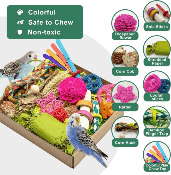 Natural Bird Toy Foraging Parrot Shredding Toys Box Conure Chewing Toys for Cockatiel Lovebird Parakeet Budgie Small-Medium Birds (Colorful) - Image 3
