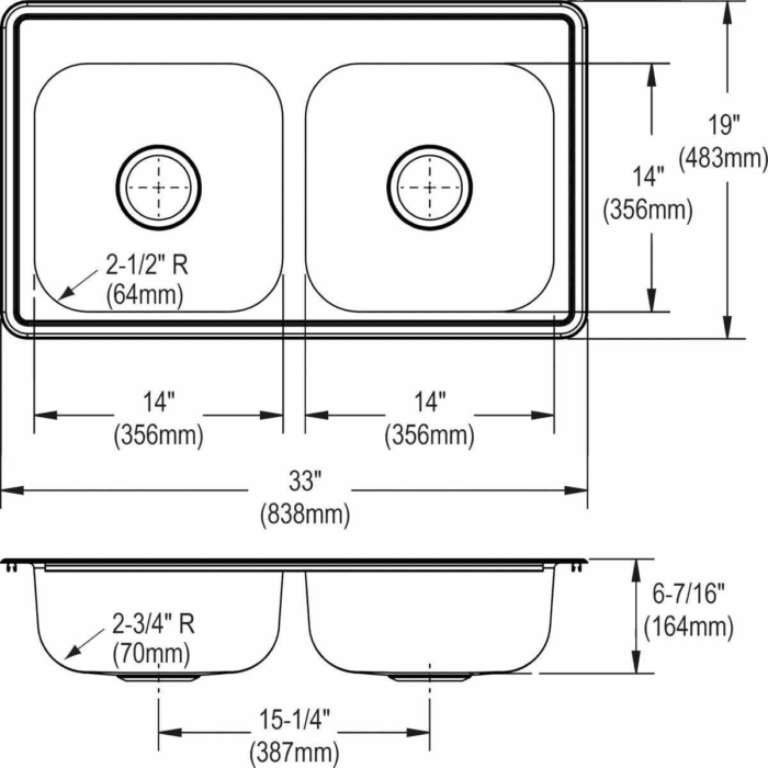 D233194 Dayton Equal Double Bowl Drop-In Stainless Steel Sink 33 X 19 X 6.5 - Image 3