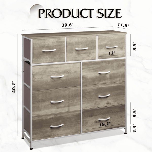 9-Drawer Dresser, Fabric Storage Tower for Bedroom, Hallway, Nursery, Closet, Tall Chest Organizer Unit with Fabric Bins, Steel Frame, Wood Top, Easy Pull Handle, Greige - Image 3