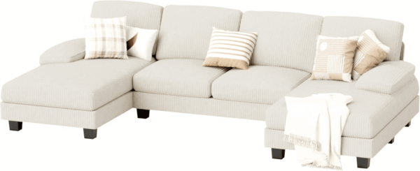 Sectional Couches for Living Room, U Shaped Couch with Chenille Fabric, 4 Seat Modern Sofa with Removable Pillows for Apartment and Small Space (Corduroy, Beige) - Image 7