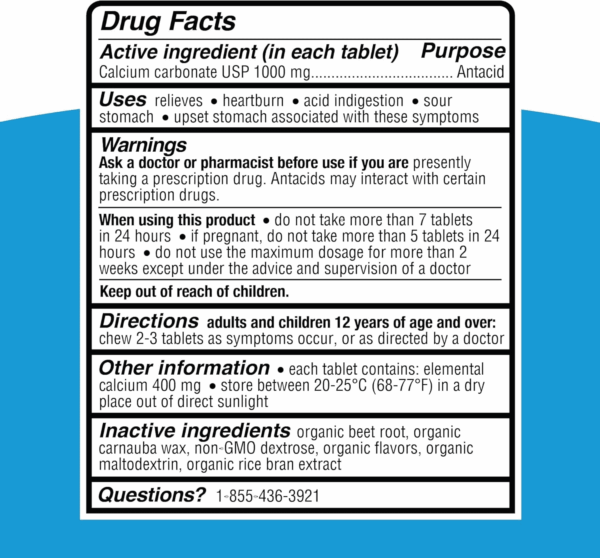 Clean Antacid Maximum Strength Chewable Tablets, Dye Free, 0% Artificial Additives, Calcium Carbonate Relief for Heartburn, Acid Indigestion, & Upset Stomach, Organic Berry Flavor, 72 Ct - Image 9