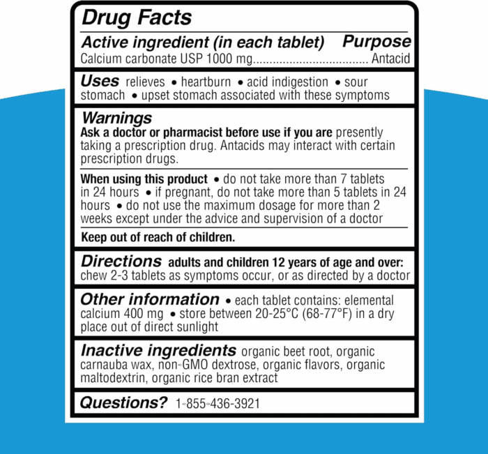 Clean Antacid Maximum Strength Chewable Tablets, Dye Free, 0% Artificial Additives, Calcium Carbonate Relief for Heartburn, Acid Indigestion, & Upset Stomach, Organic Berry Flavor, 72 Ct - Image 9