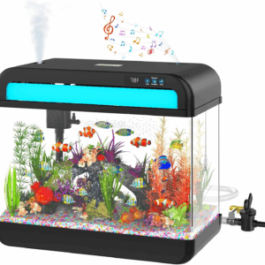 Fish Tank Aquarium 6.3 Gallon Fish Bowl with Music Humidifier 7 Color Auto-Looping Light Adjustable Quiet Pump, Temperature Display, Bottom Water Changer, HD Float Glass, Leak-Proof Thickened Base